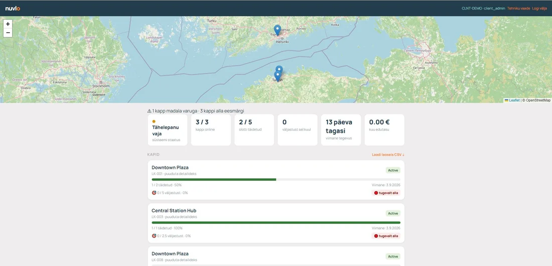 Nuvlo application overview: map, cabinet list and drawer occupancy