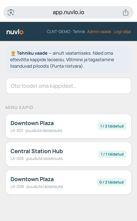 Nuvlo technician view on mobile: cabinet list and stock levels