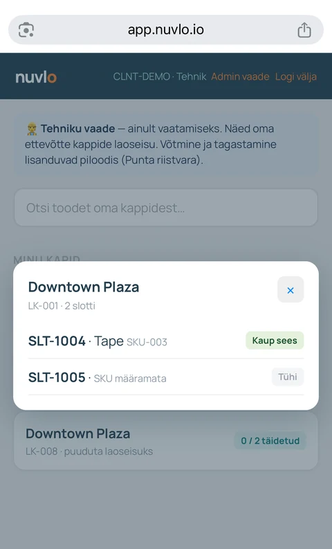 Nuvlo technician view on mobile: drawer state and product code